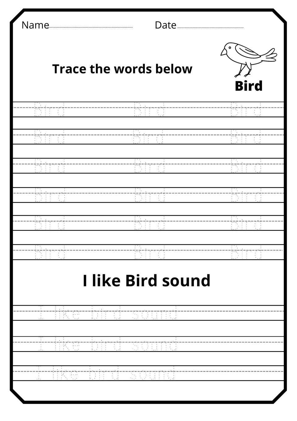 Bird word tracing: students trace Bird 18 times beside a bird drawing, then trace the sentence I like bird sound 3 times