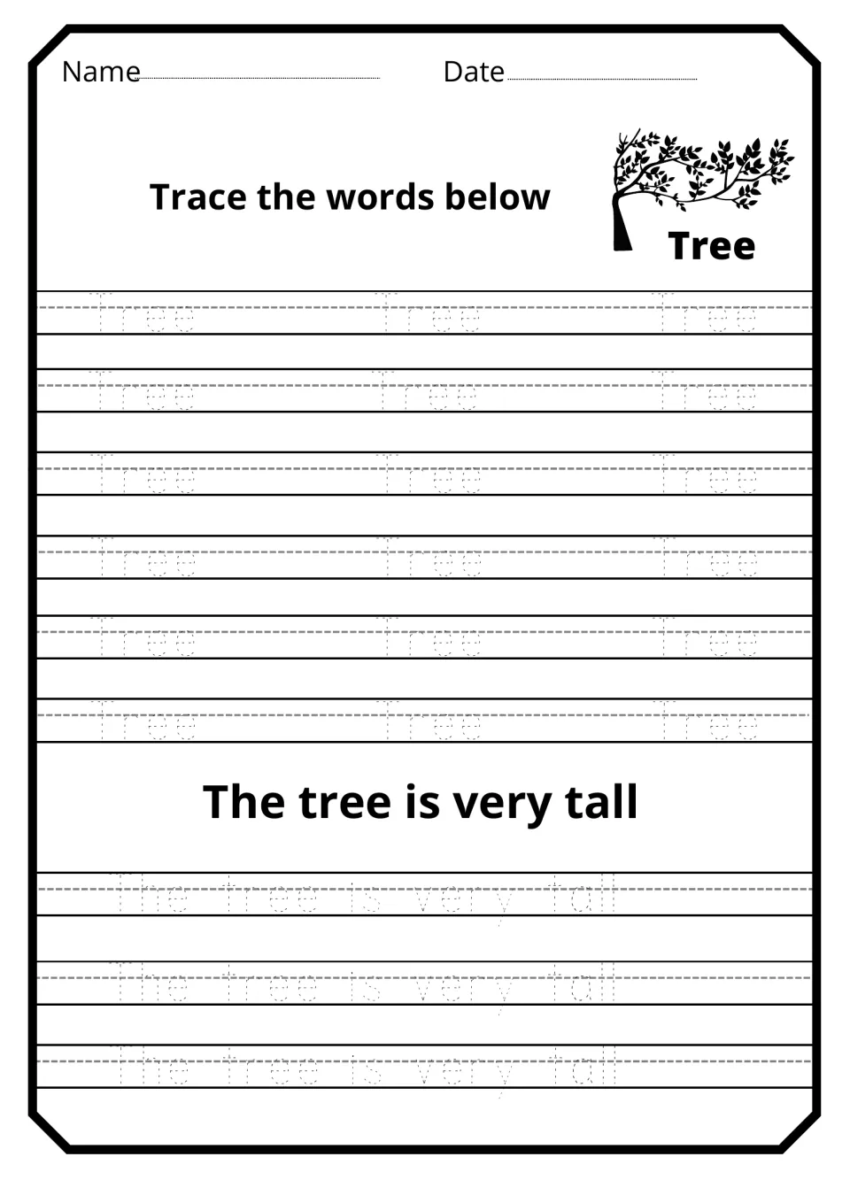 Tree word tracing: students trace Tree 18 times next to a tree silhouette, then trace The tree is very tall 3 times