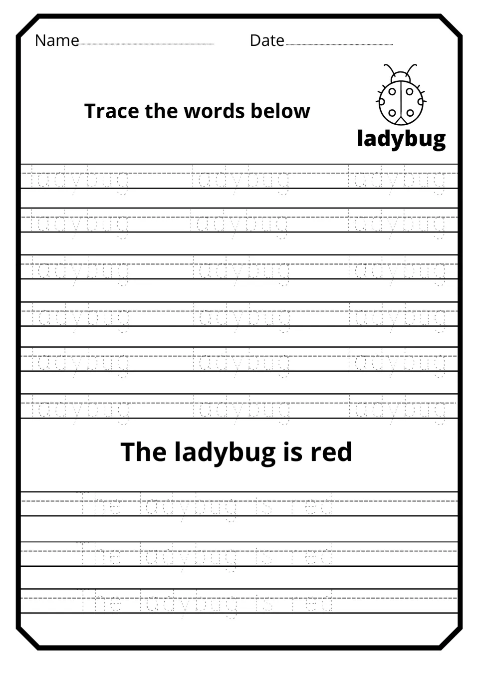 Ladybug word tracing: students trace lowercase ladybug 18 times by a ladybug drawing, then trace The ladybug is red 3 times