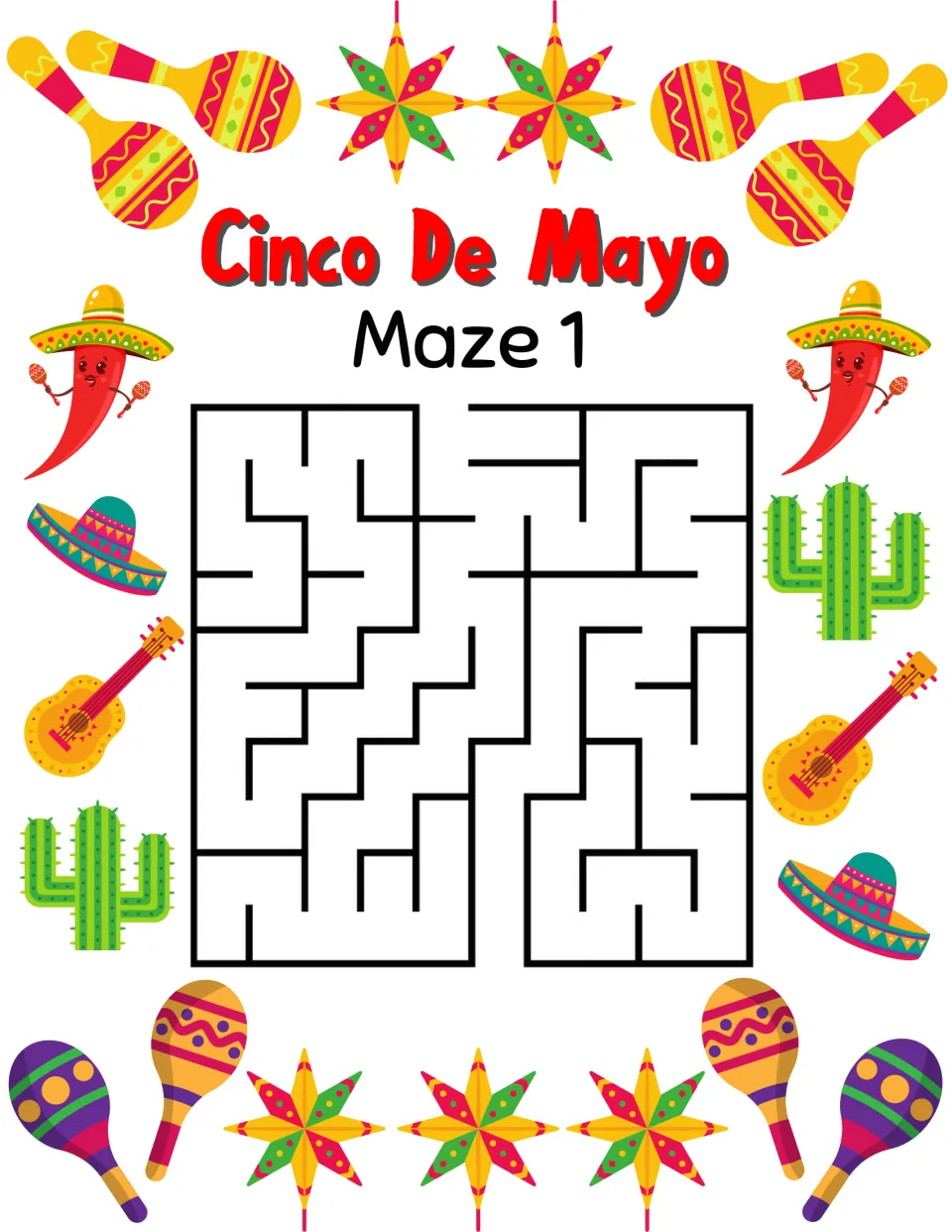 Cinco de Mayo maze activity 1, labeled 'Maze 1', with a top entrance and a bottom exit to connect.