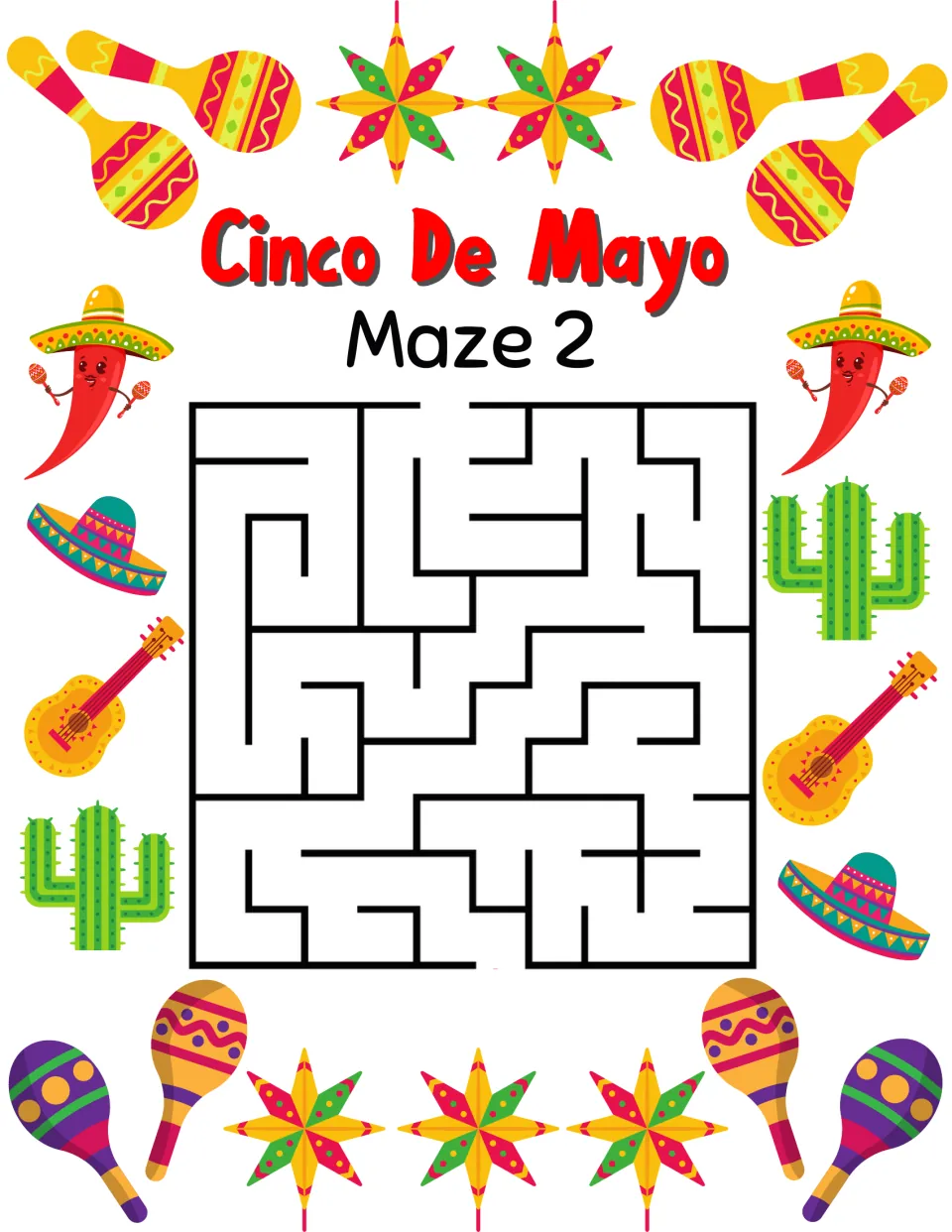 Cinco de Mayo maze activity 2, labeled 'Maze 2', with a top entrance and a bottom exit to connect.