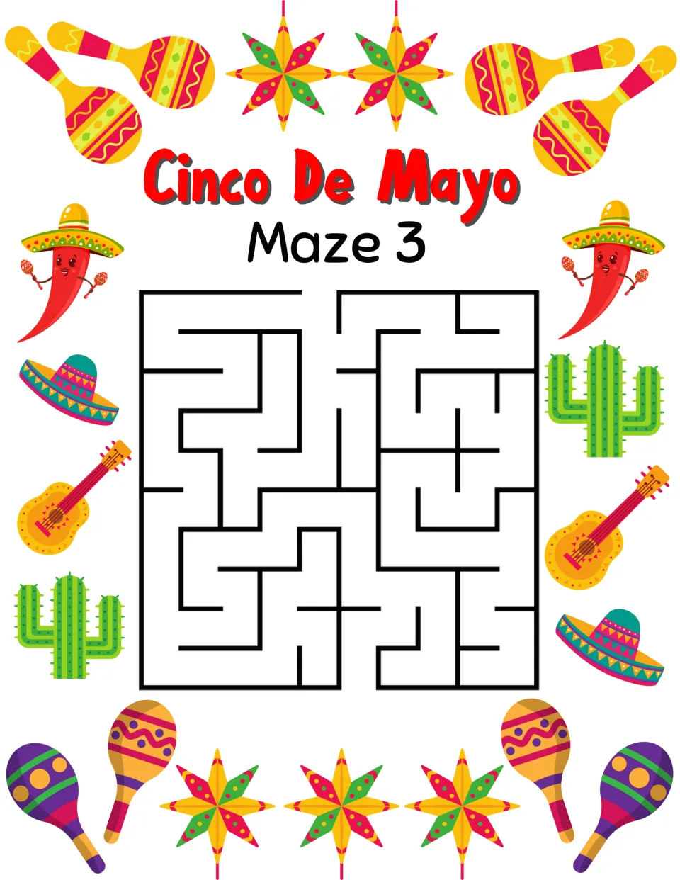 Cinco de Mayo maze activity 3, labeled 'Maze 3', with a top entrance and a bottom exit to connect.