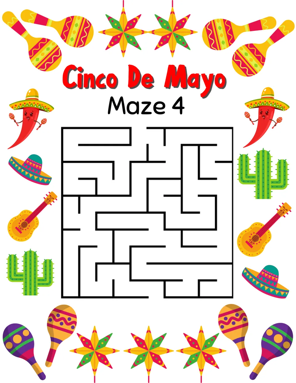 Cinco de Mayo maze activity 4, labeled 'Maze 4', with a top entrance and a bottom exit to connect.
