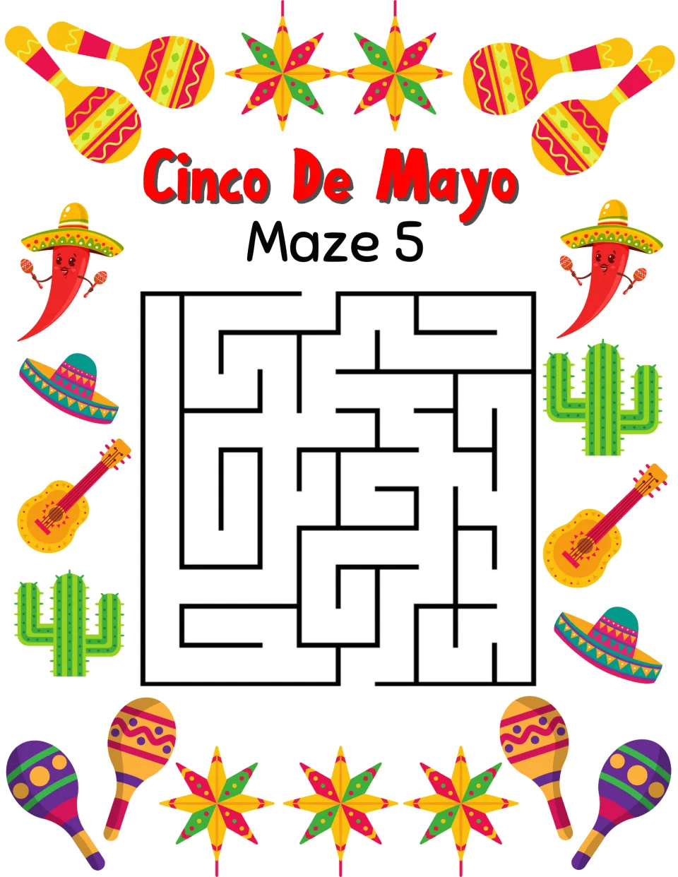 Cinco de Mayo maze activity 5, labeled 'Maze 5', with a top entrance and a bottom exit to connect.