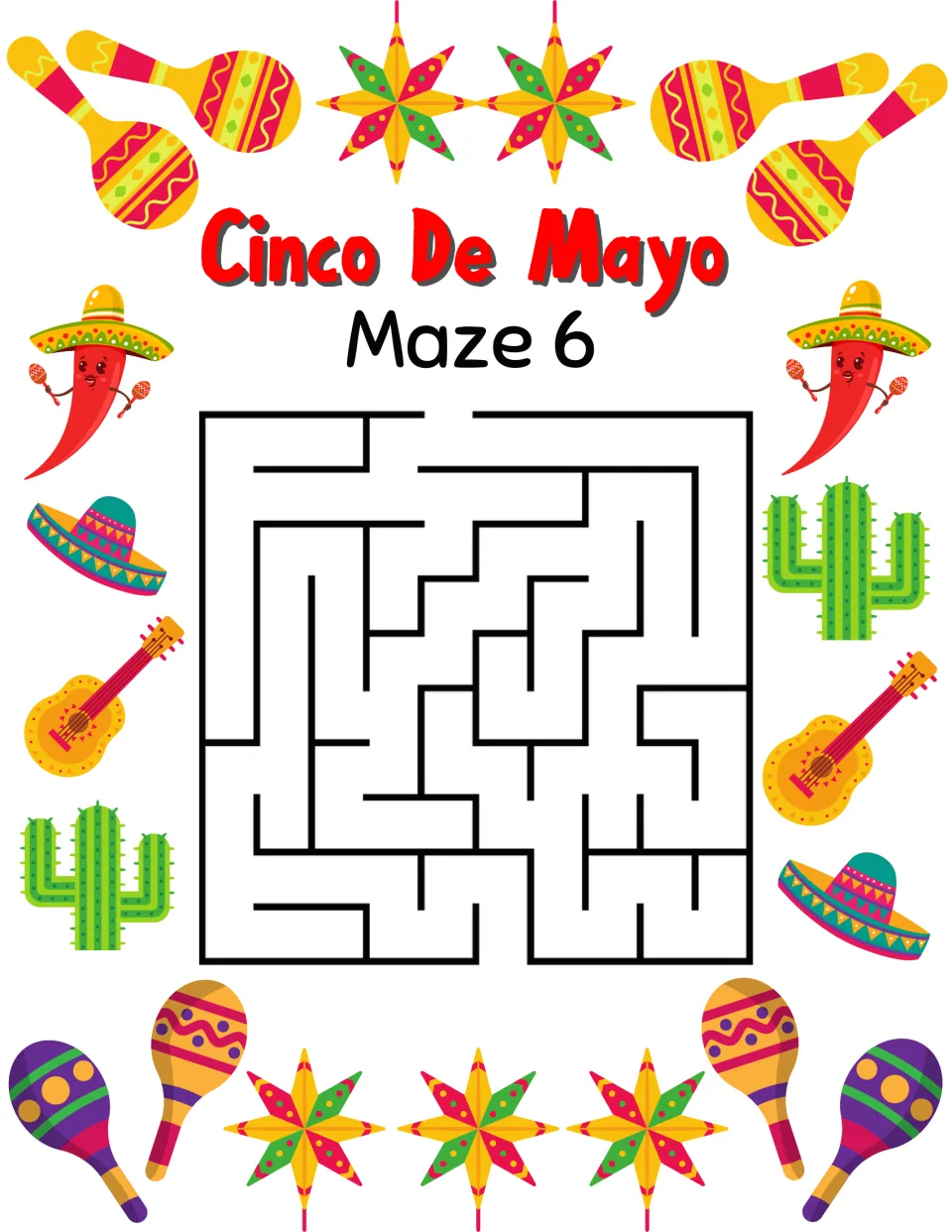 Cinco de Mayo maze activity 6, labeled 'Maze 6', with a top entrance and a bottom exit to connect.