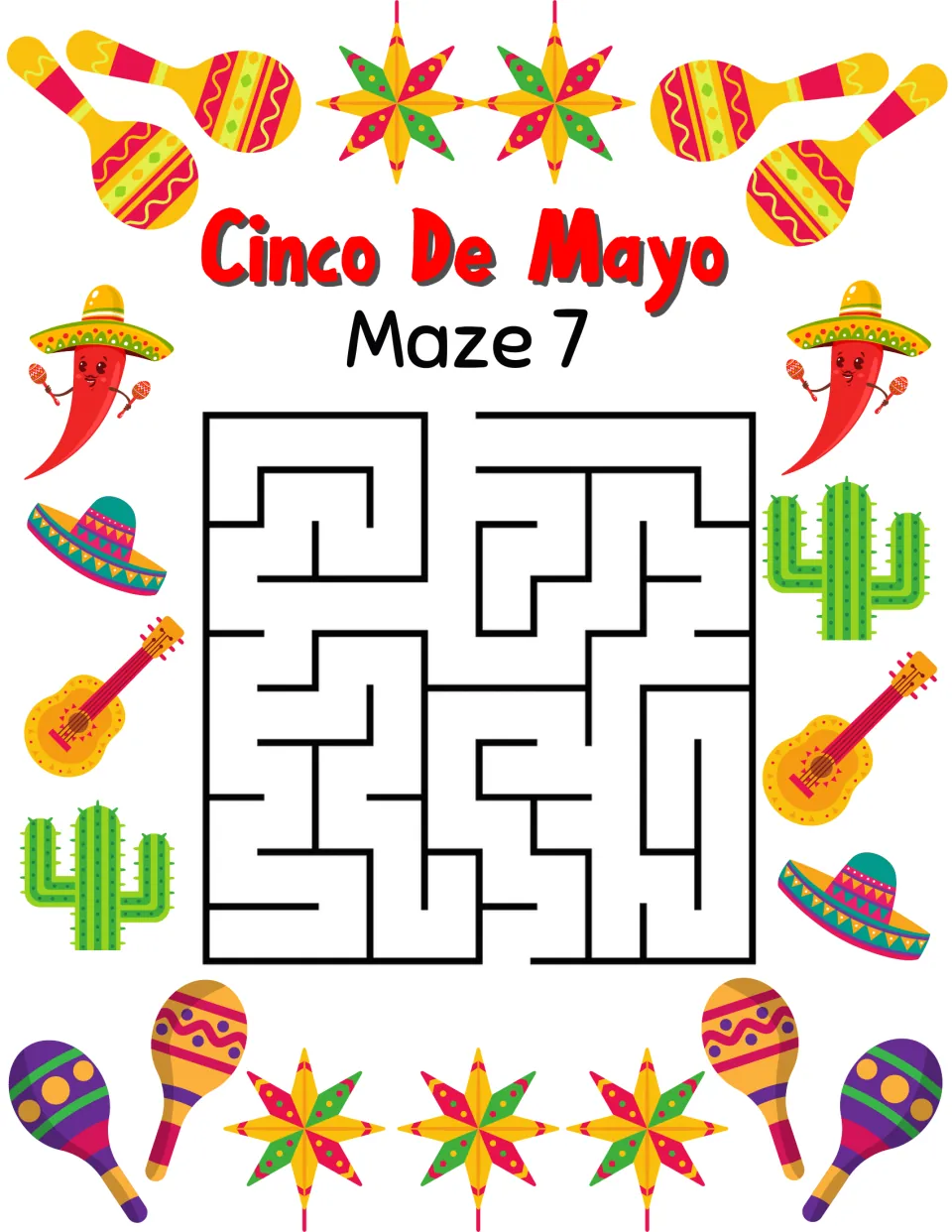 Cinco de Mayo maze activity 7, labeled 'Maze 7', with a top entrance and a bottom exit to connect.