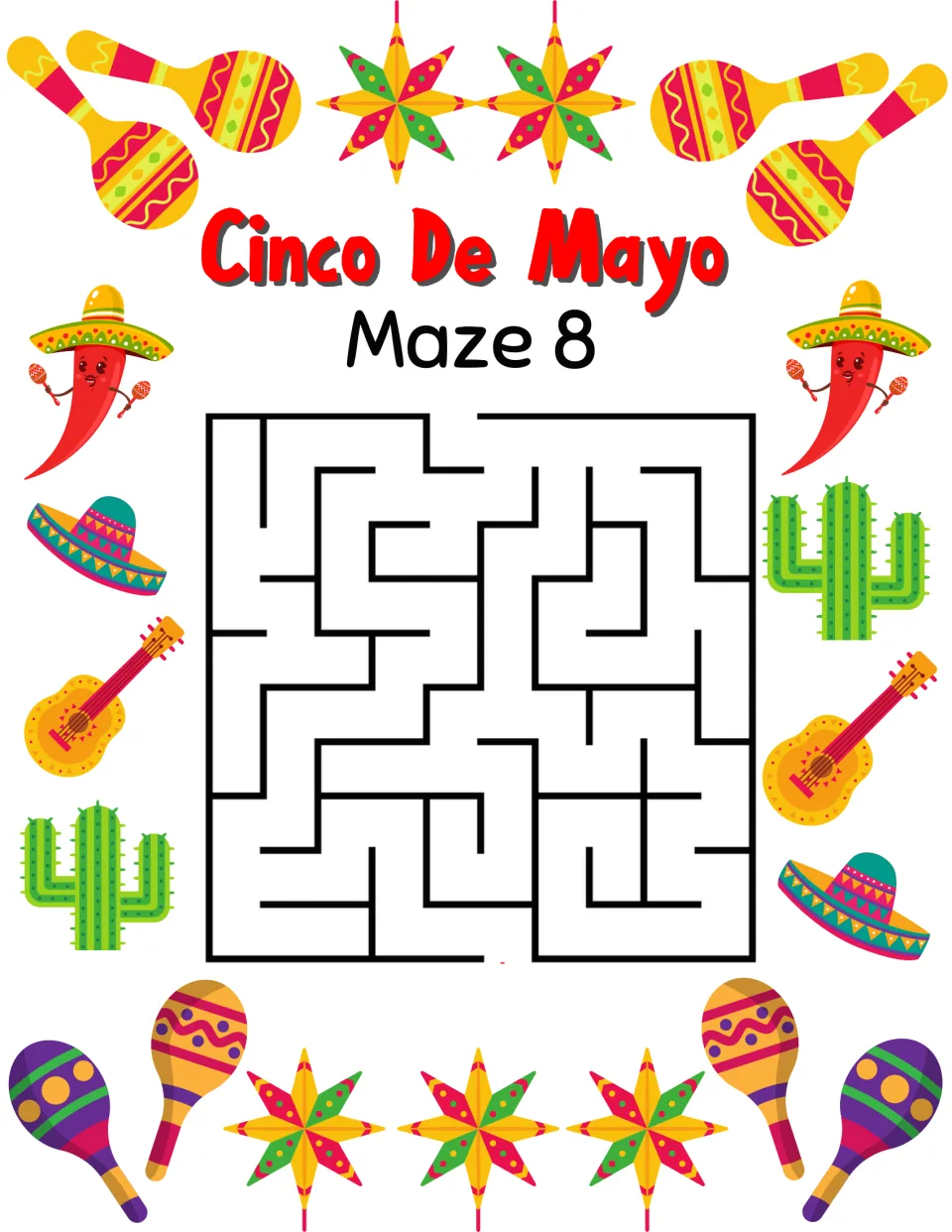 Cinco de Mayo maze activity 8, labeled 'Maze 8', with a top entrance and a bottom exit to connect.