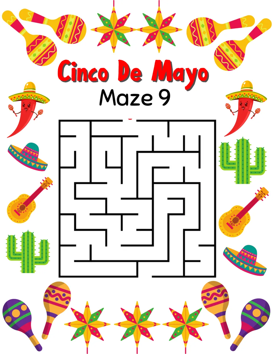 Cinco de Mayo maze activity 9, labeled 'Maze 9', with a top entrance and a bottom exit to connect.