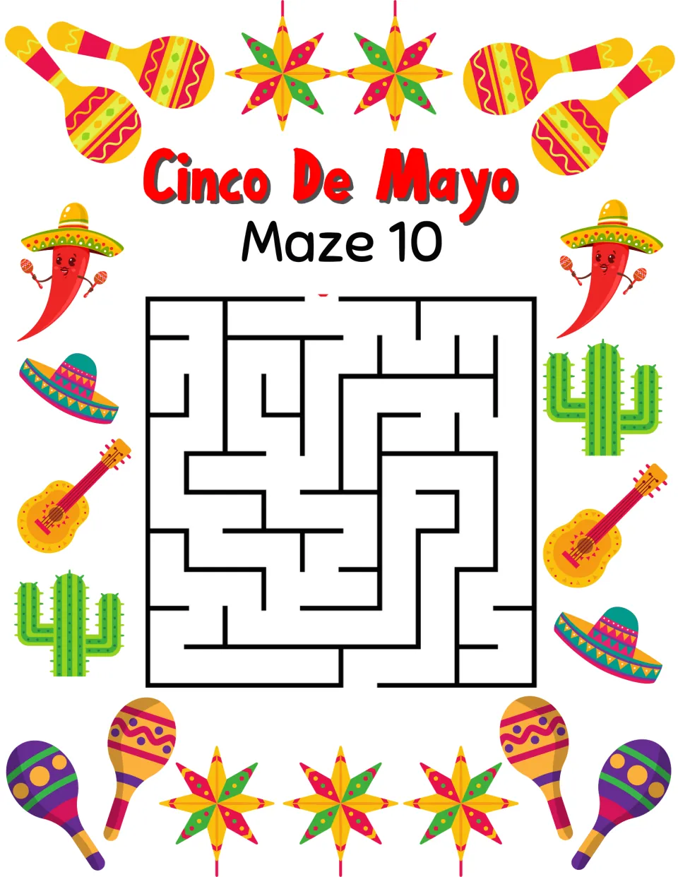 Cinco de Mayo maze activity 10, labeled 'Maze 10', with a top entrance and a bottom exit to connect.