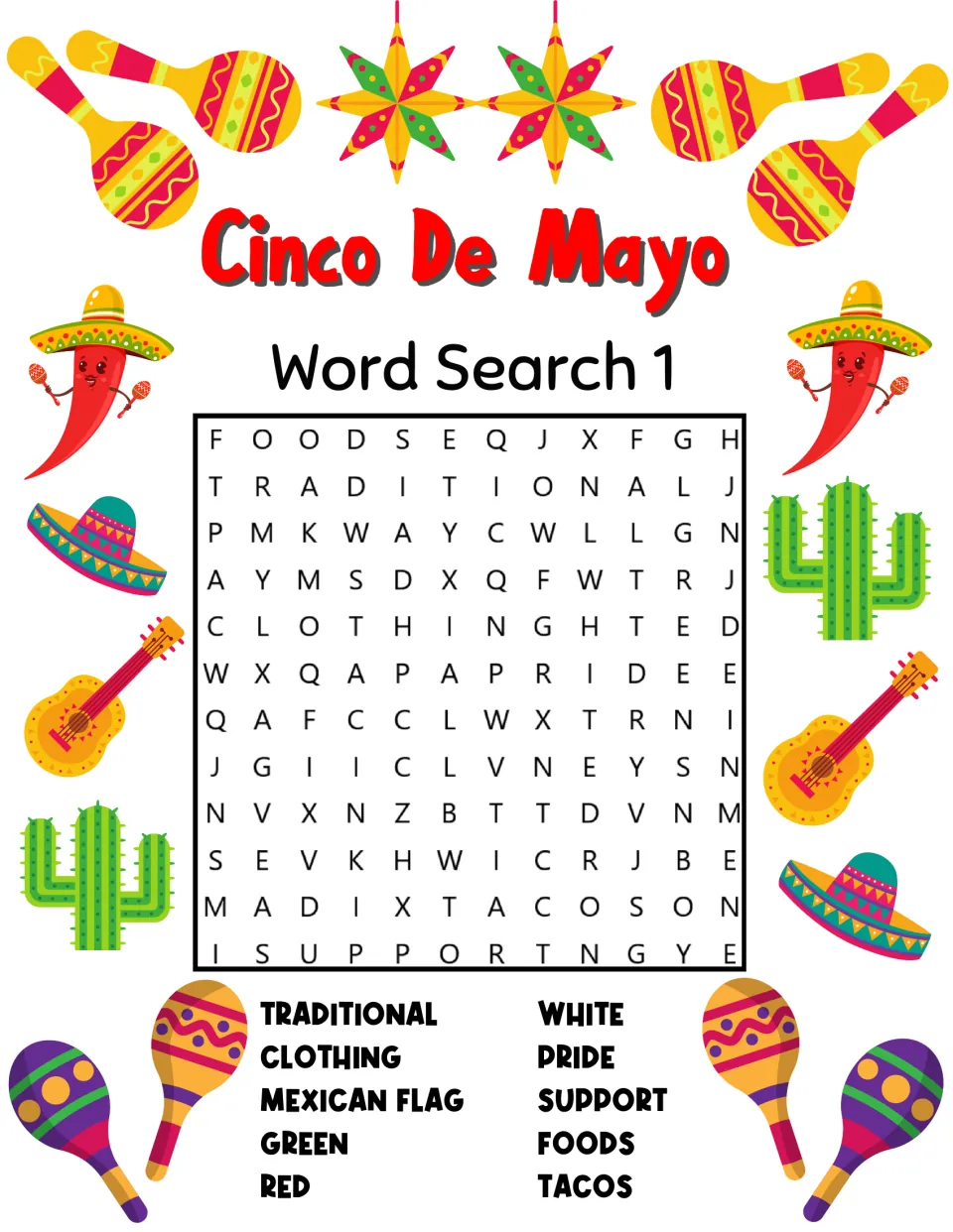 Cinco de Mayo Word Search 1: students find 10 words such as traditional, clothing, Mexican flag, pride, support and tacos