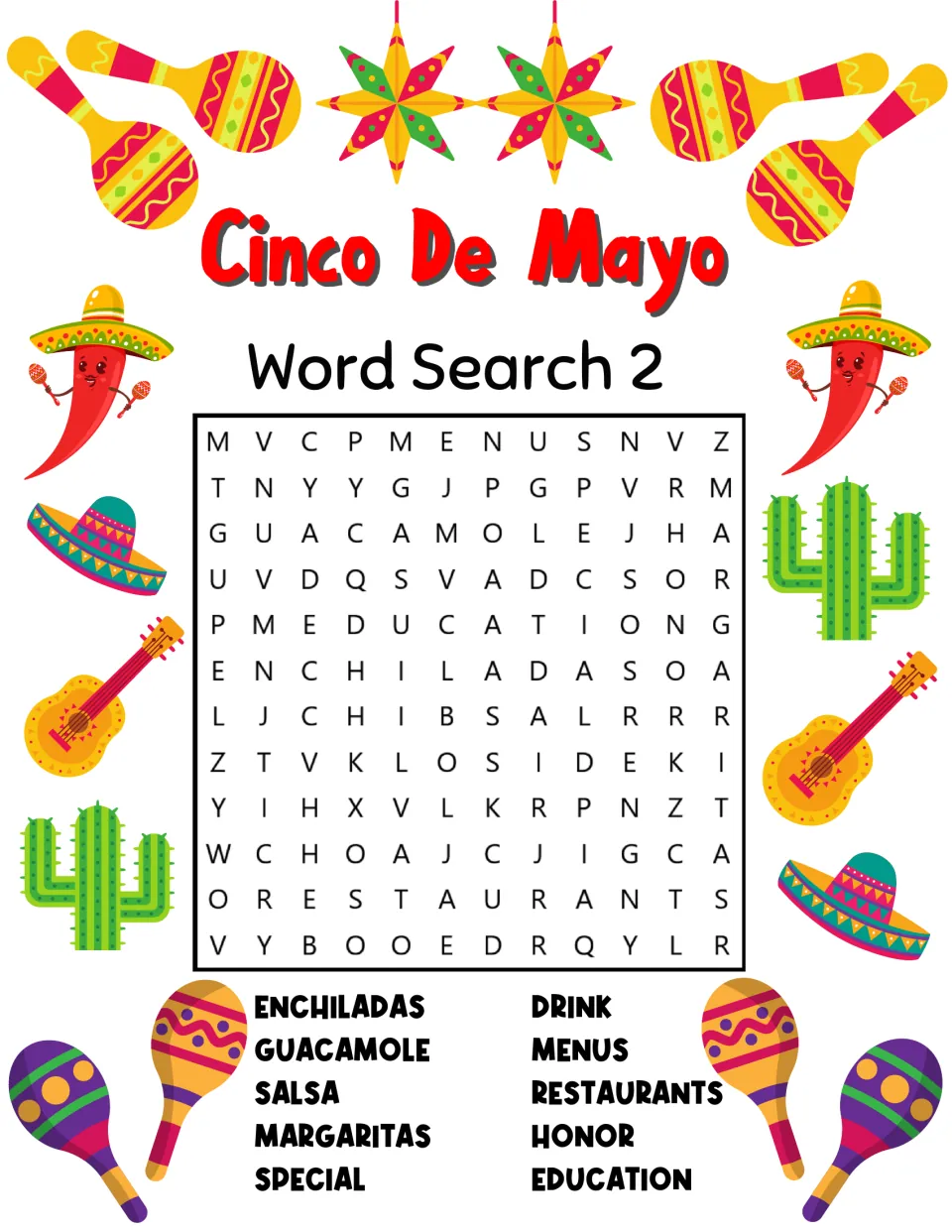 Cinco de Mayo Word Search 2: students find food and dining words like enchiladas, guacamole, salsa, menus and restaurants