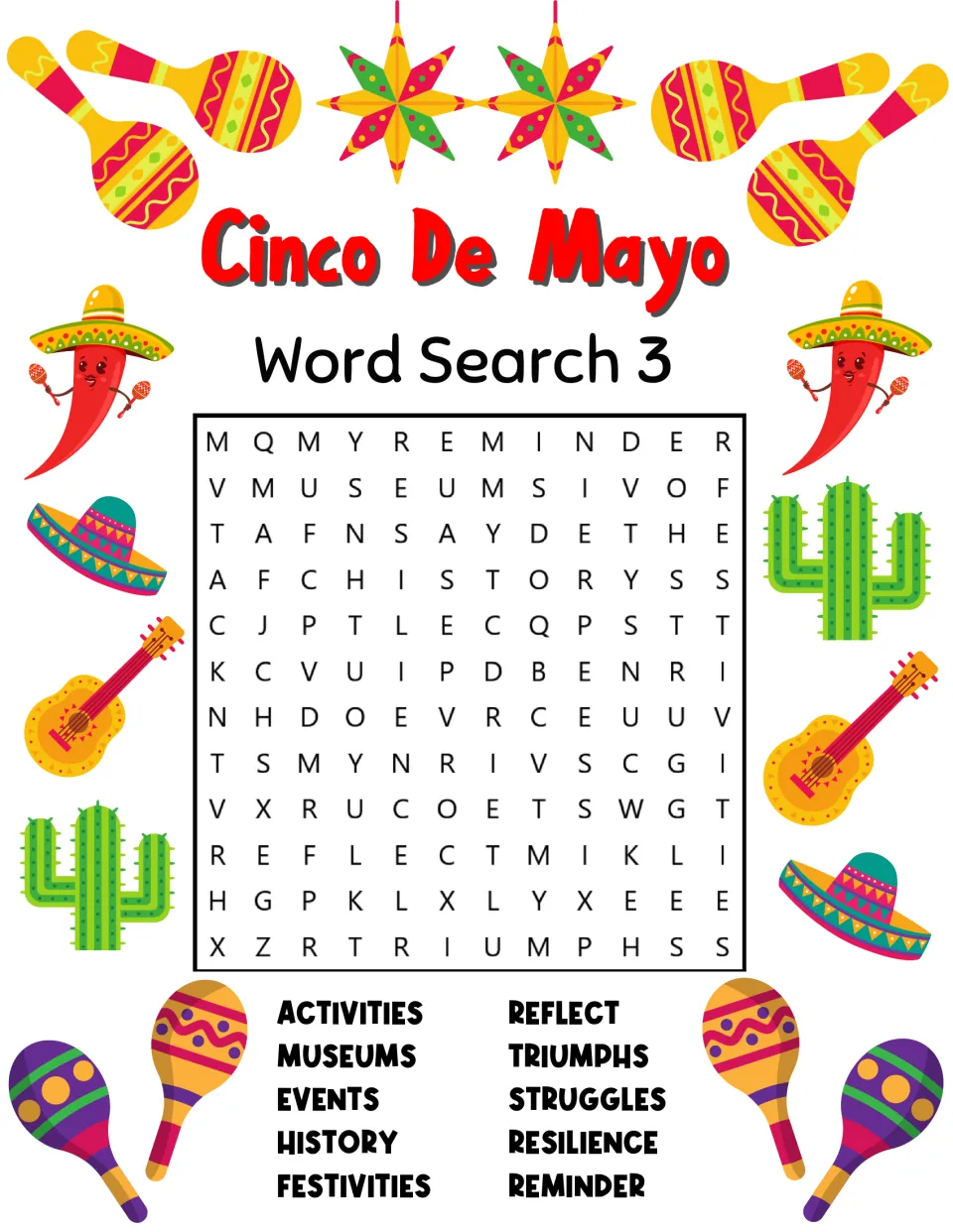 Cinco de Mayo Word Search 3: students hunt for words such as museums, festivities, triumphs, struggles and resilience