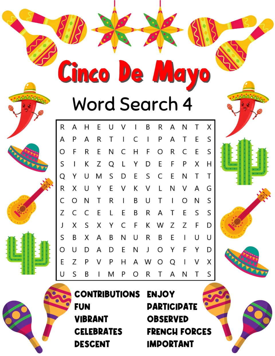 Cinco de Mayo Word Search 4: students find words such as contributions, vibrant, descent, participate and French forces