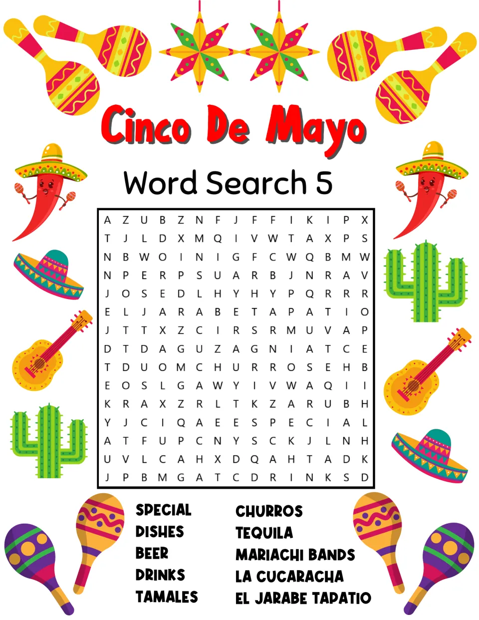Cinco de Mayo Word Search 5: students find food and music words like tamales, churros, mariachi bands and La Cucaracha