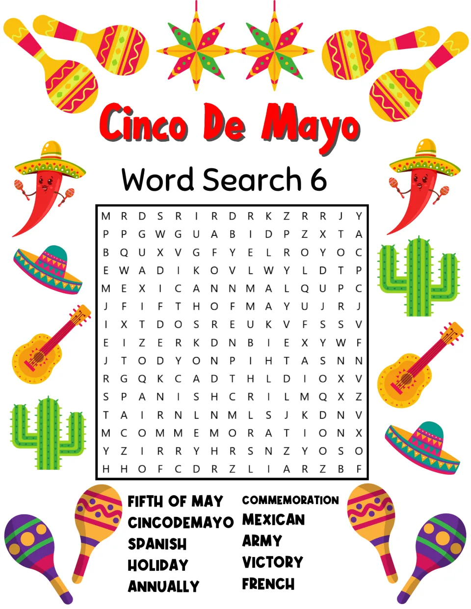 Cinco de Mayo Word Search 6: students find words such as Fifth of May, commemoration, holiday, army, victory and French