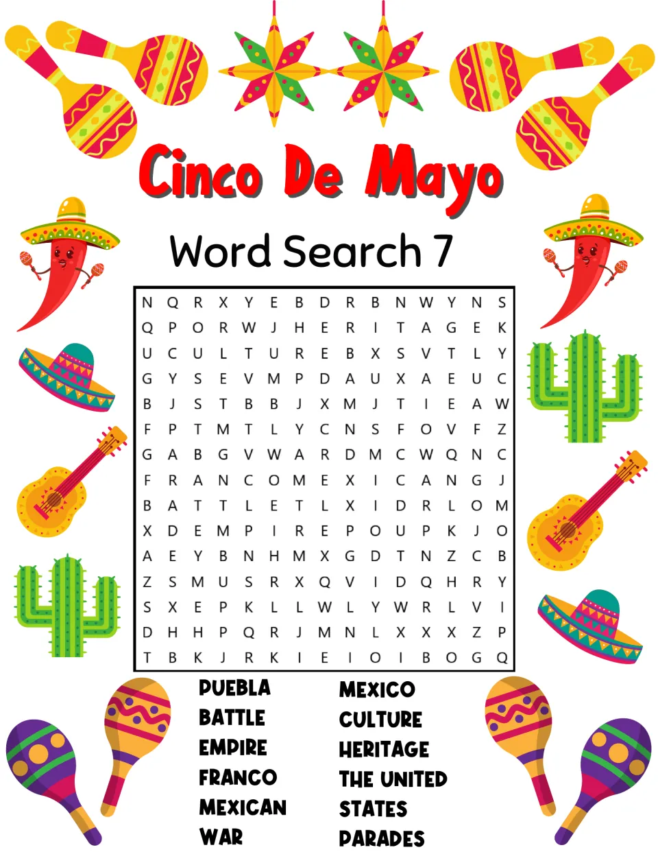 Cinco de Mayo Word Search 7: students locate history and heritage words such as Puebla, battle, war, culture and parades