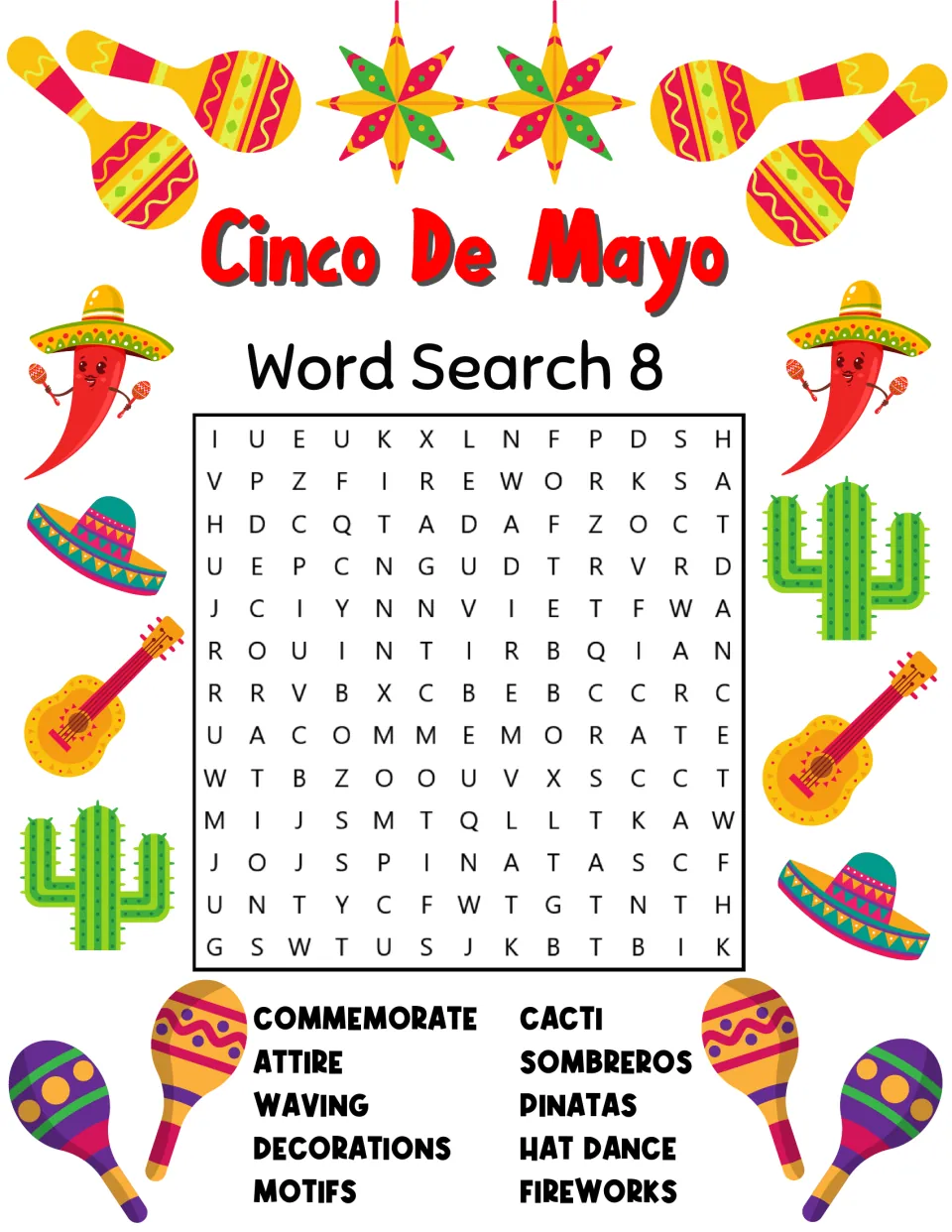Cinco de Mayo Word Search 8: students hunt for party words such as attire, sombreros, pinatas, hat dance and fireworks