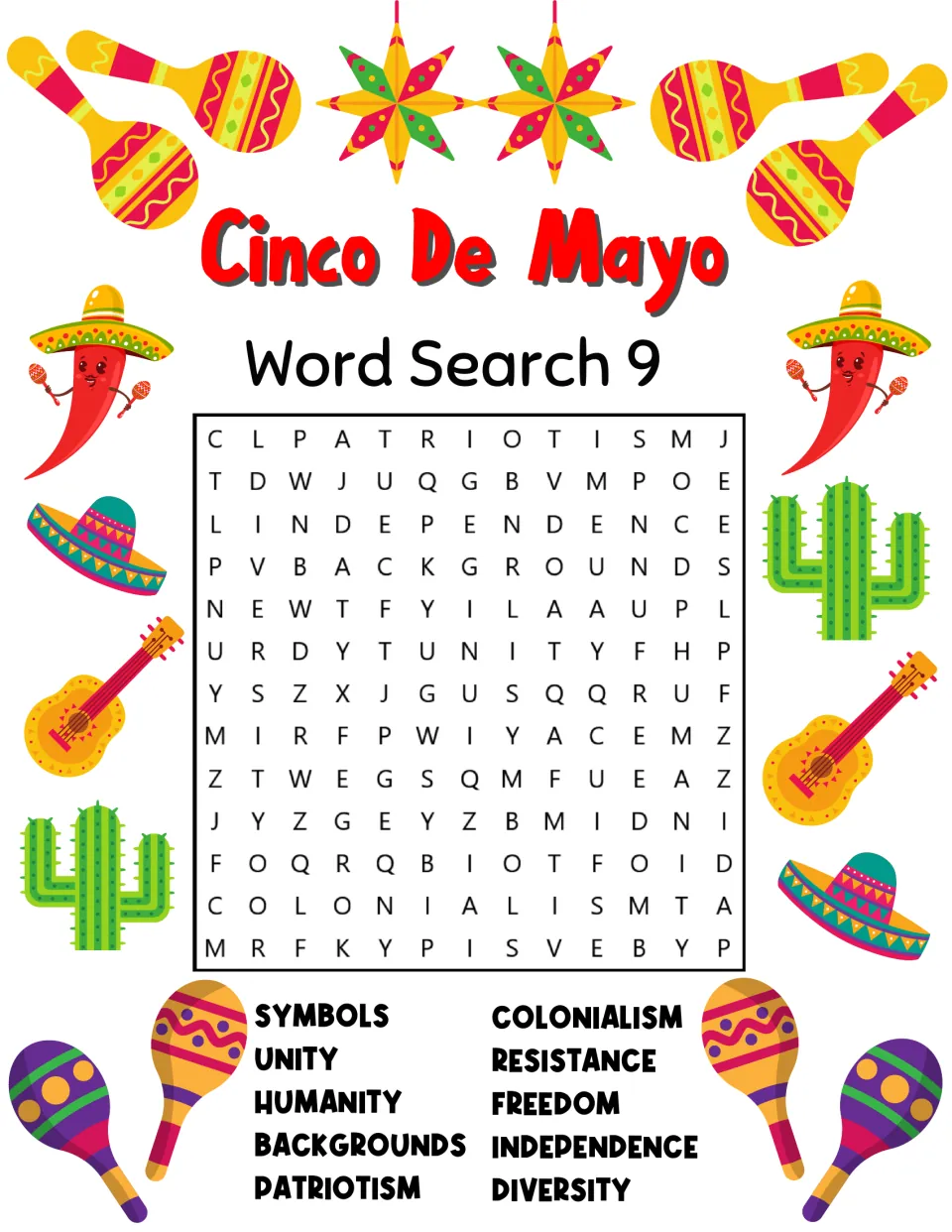 Cinco de Mayo Word Search 9: students find words such as unity, patriotism, colonialism, freedom and independence