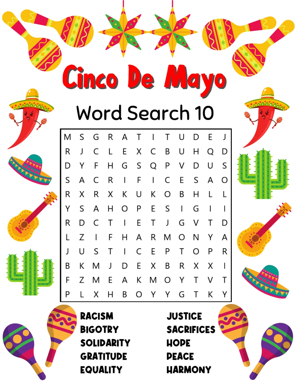 Cinco de Mayo Word Search 10: students search for words such as justice, solidarity, equality, gratitude, hope and harmony