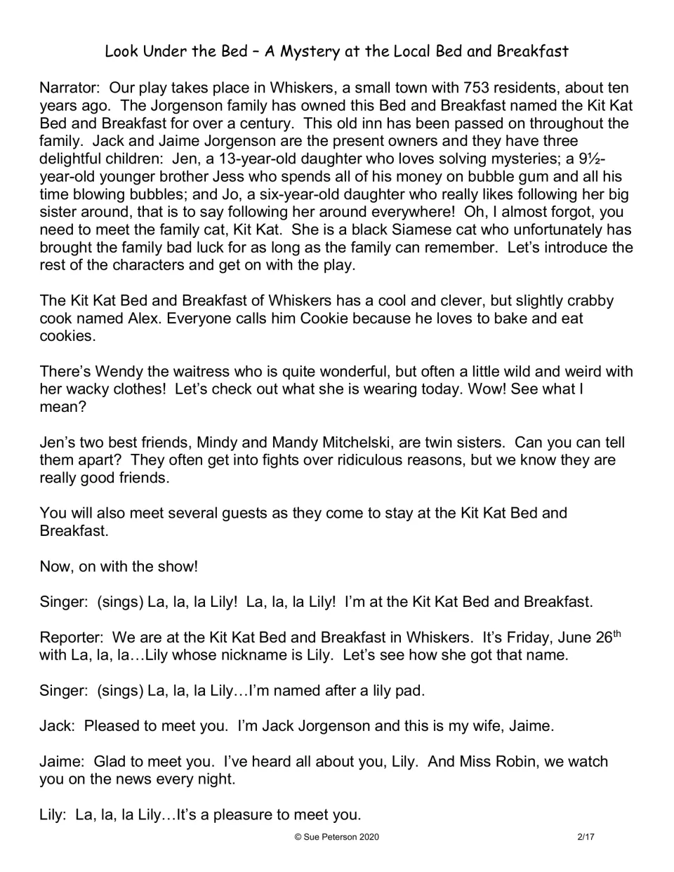 Opening script introduces the Jorgenson family and their inn in Whiskers, then welcomes Lily and Miss Robin