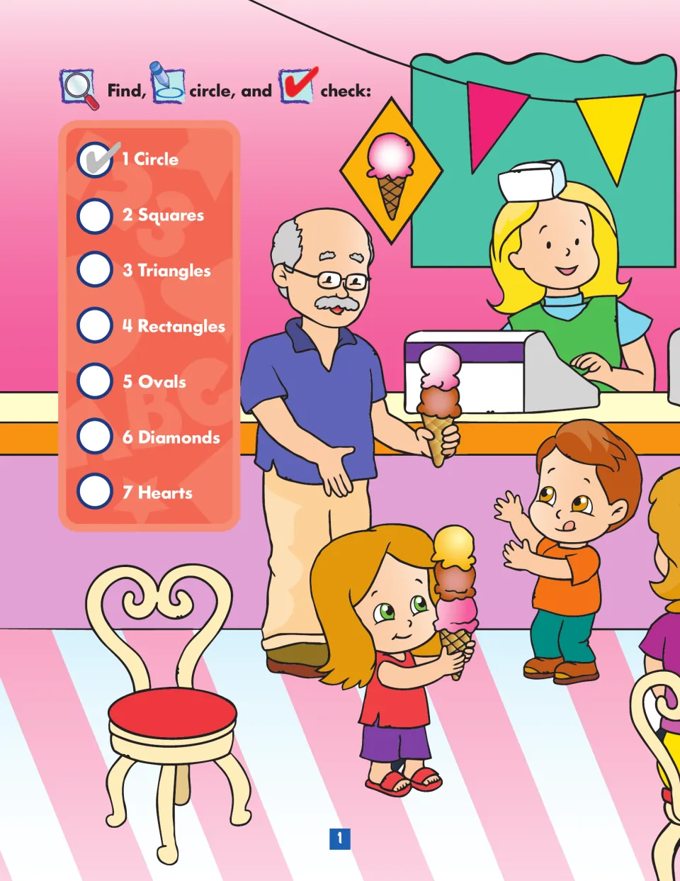 Ice cream shop shape hunt: students find 1 circle and 2 squares up to 7 hearts, then circle and check each