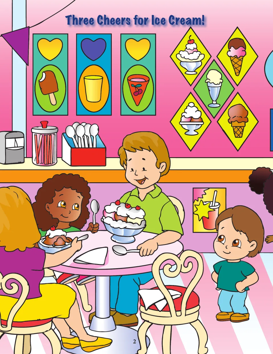 Three Cheers for Ice Cream! scene: families eat sundaes under heart and cone signs for the shape hunt