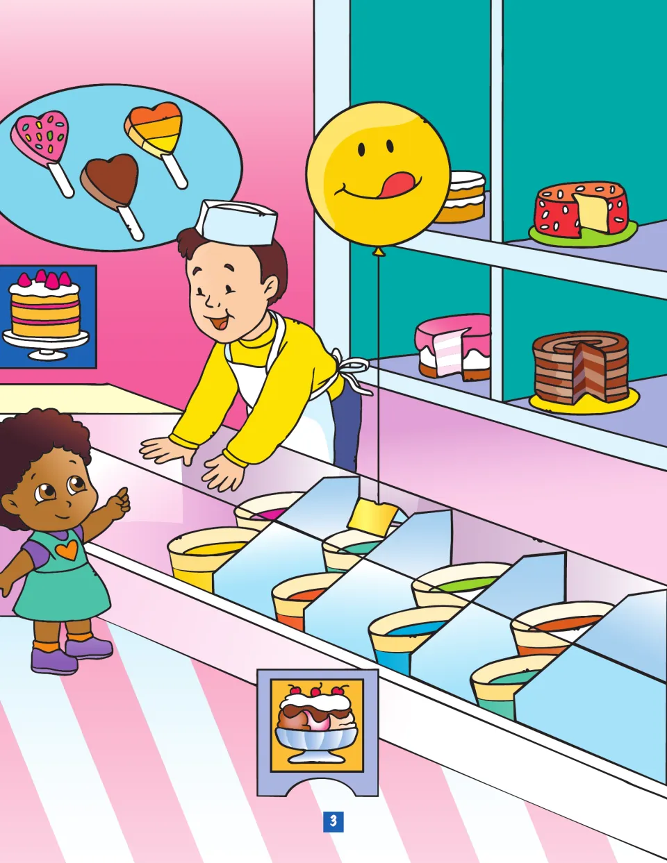 Ice cream parlor counter with tubs, cakes, heart pops and a smiley balloon, continuing the shape-hunt scene