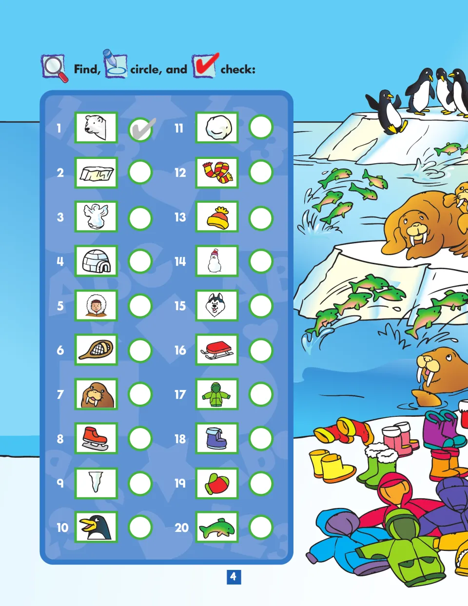 Polar picture hunt: students find 20 numbered items such as a polar bear, igloo and penguin, then check each