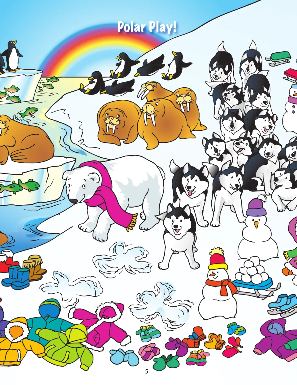 Polar Play! scene with a polar bear in a scarf, walruses, huskies, penguins and snowmen to search through