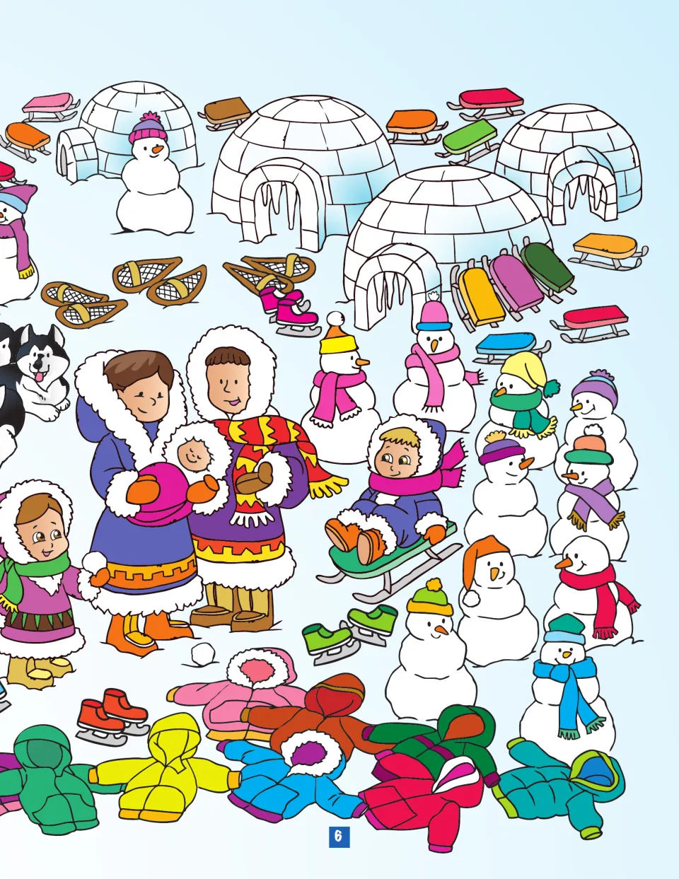 Snowy village of igloos, sleds, snowshoes, snowmen and a family in parkas, continuing the polar item hunt
