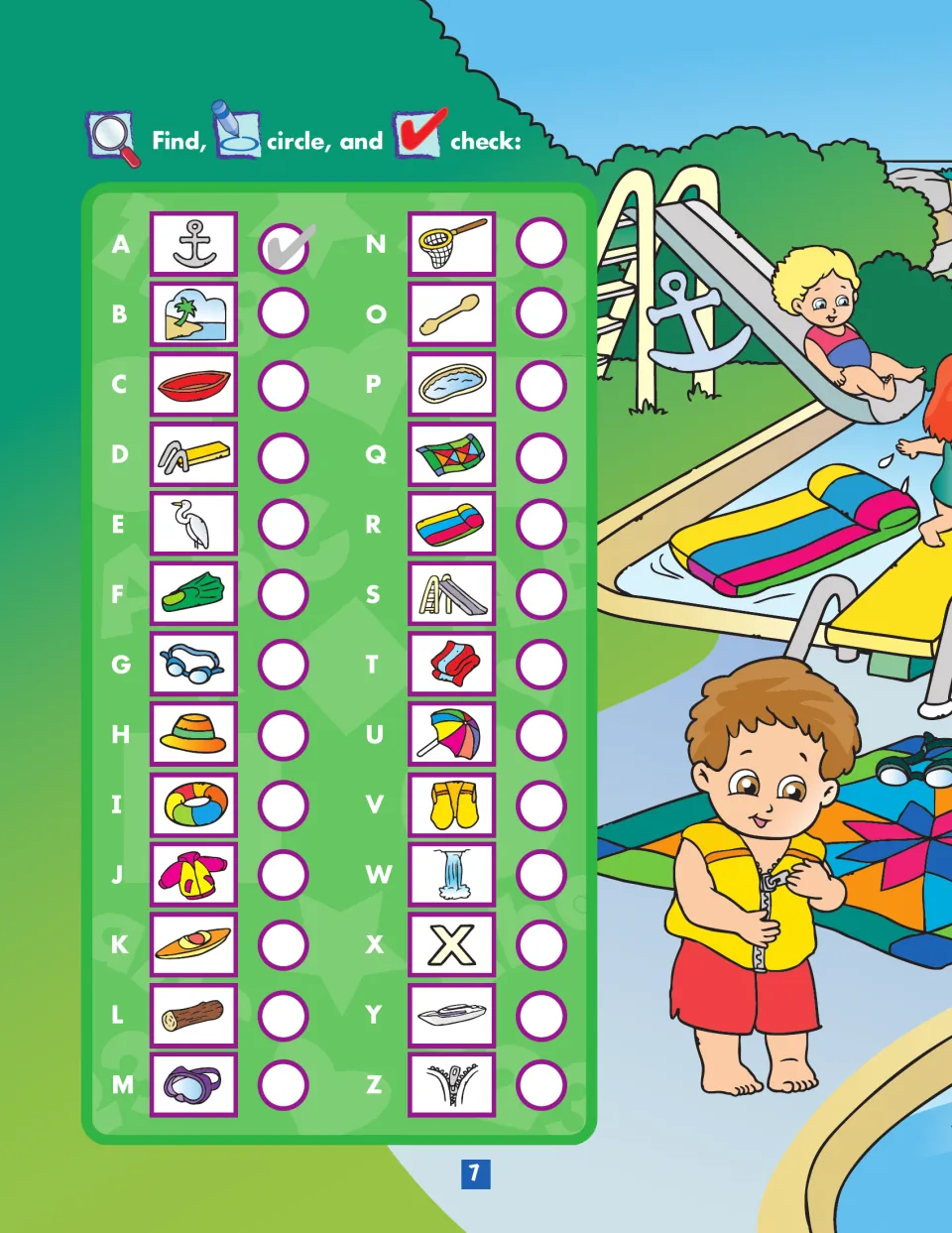 Water park alphabet hunt: students find a picture for each letter A to Z, from anchor to zipper, and check it