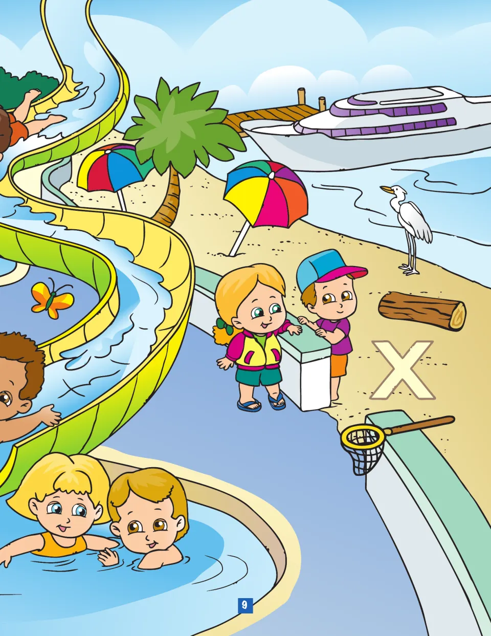 Water slides beside a beach with umbrellas, a yacht, an egret, a log, a net and a big X for the ABC hunt