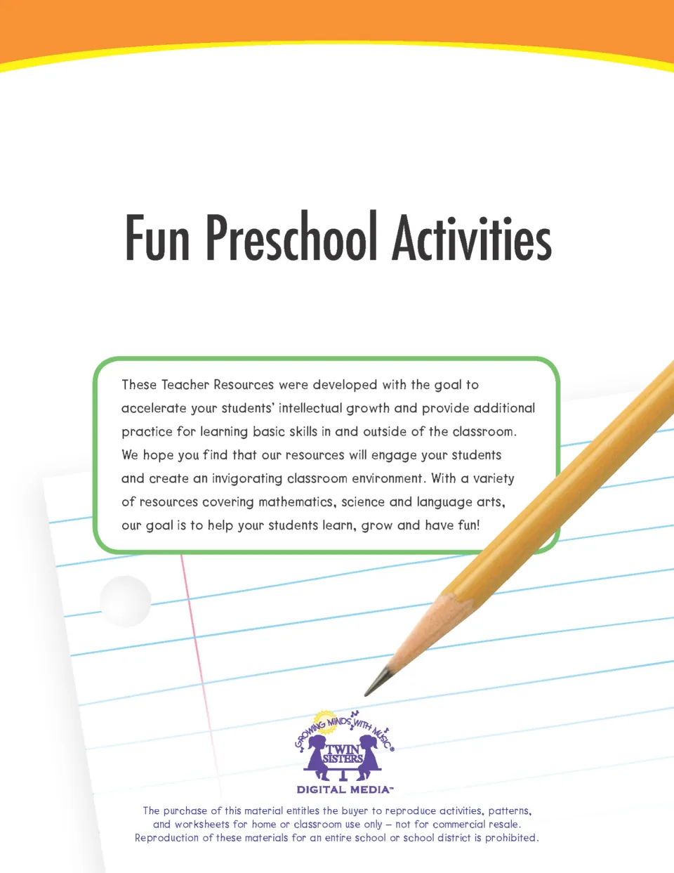 Fun Preschool Activities cover by Twin Sisters Digital Media, with a teacher note and a classroom-use reproduction notice