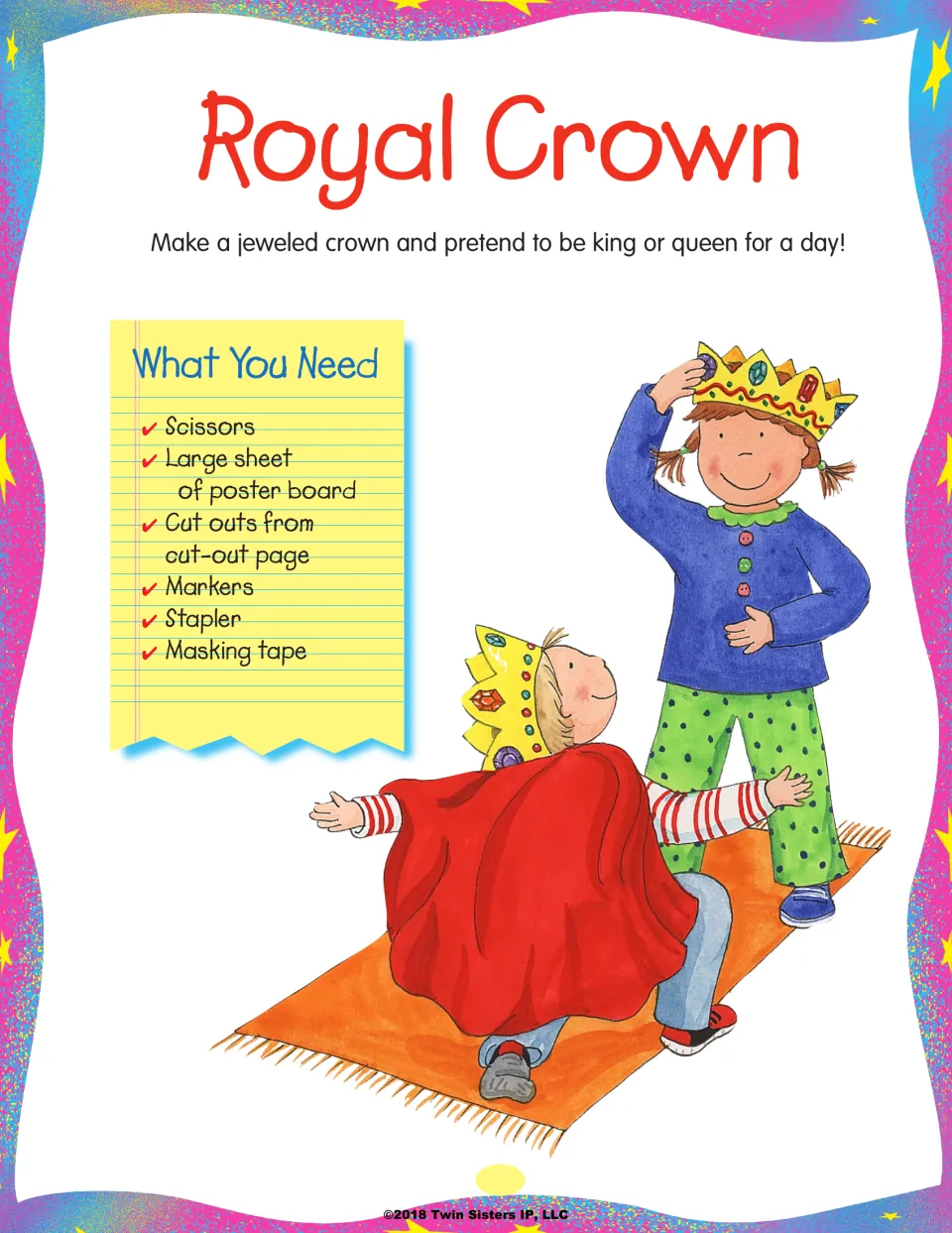 Royal Crown craft: make a jeweled crown to play king or queen; supplies include poster board, scissors and jewel cut outs