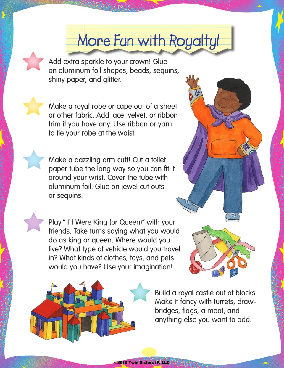 More Fun with Royalty: crown sparkle, a fabric robe, a foil arm cuff, an If I Were King game and a block castle