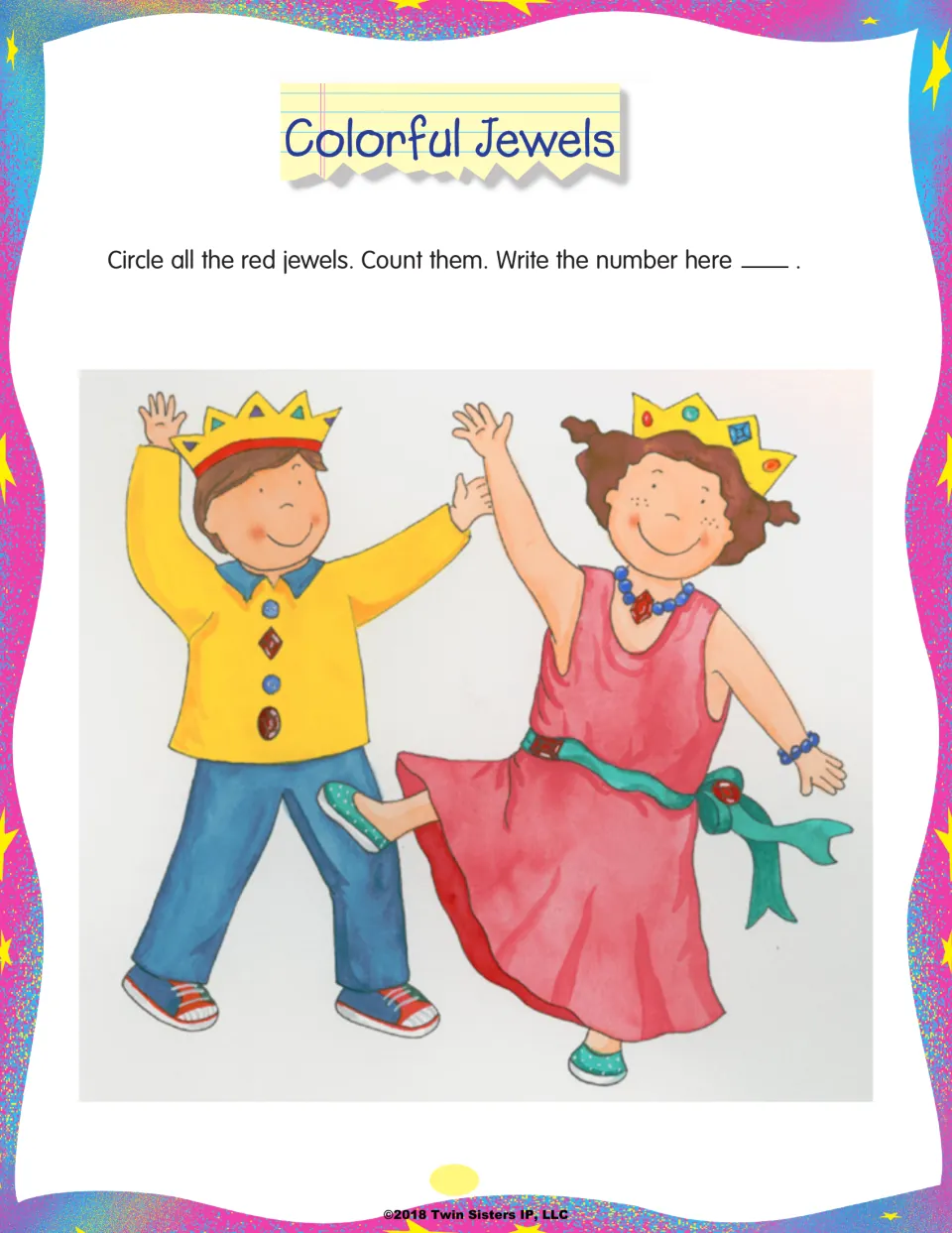 Colorful Jewels: students circle every red jewel on two dancing children in crowns, count them and write the number
