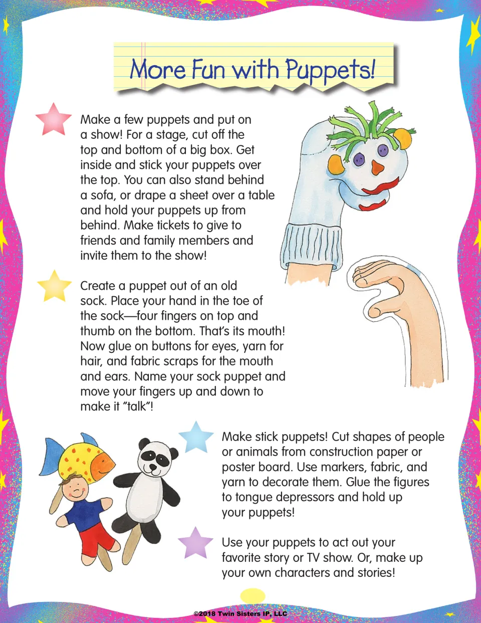 More Fun with Puppets: build a box stage for a show, make a sock puppet and stick puppets, and act out favorite stories