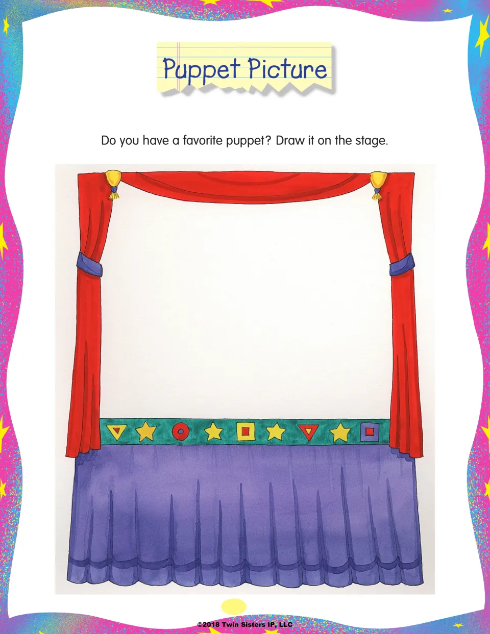 Puppet Picture: students draw their favorite puppet on an empty stage framed by red curtains and a shape-trimmed skirt