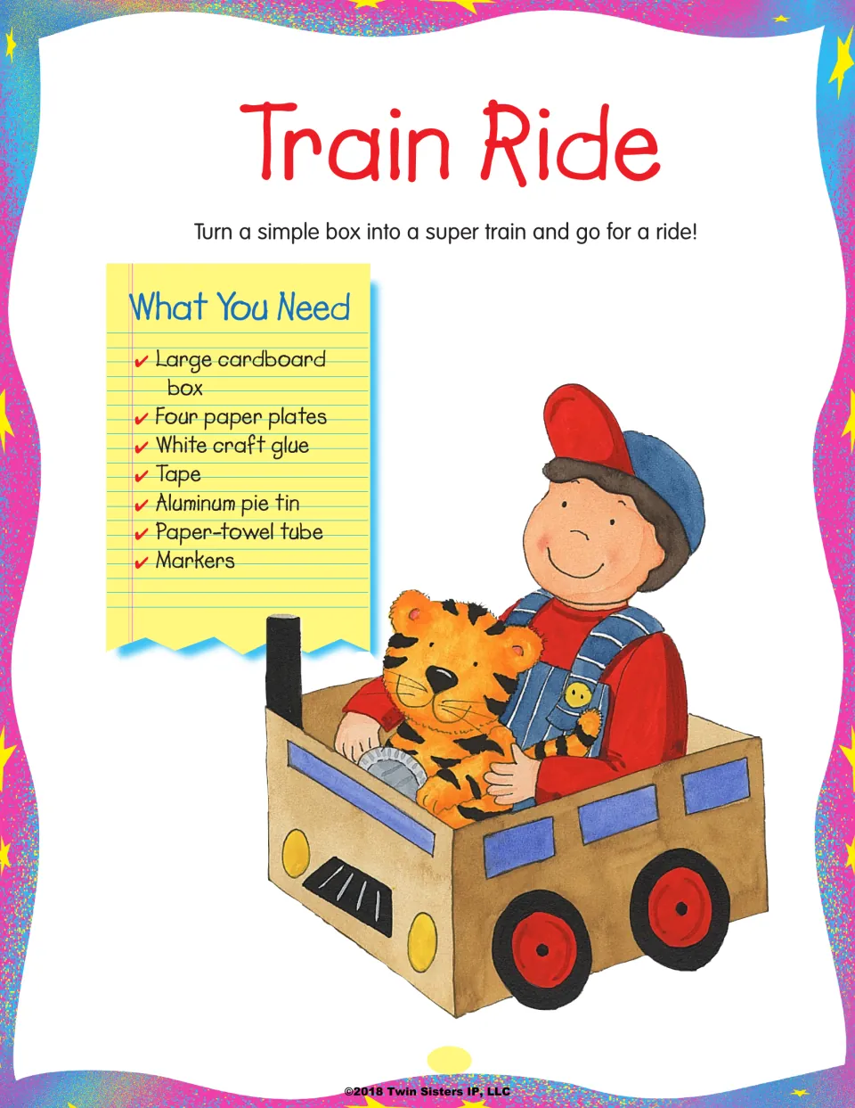 Train Ride craft: turn a cardboard box into a train; plus paper plates, a pie tin, a paper-towel tube and markers