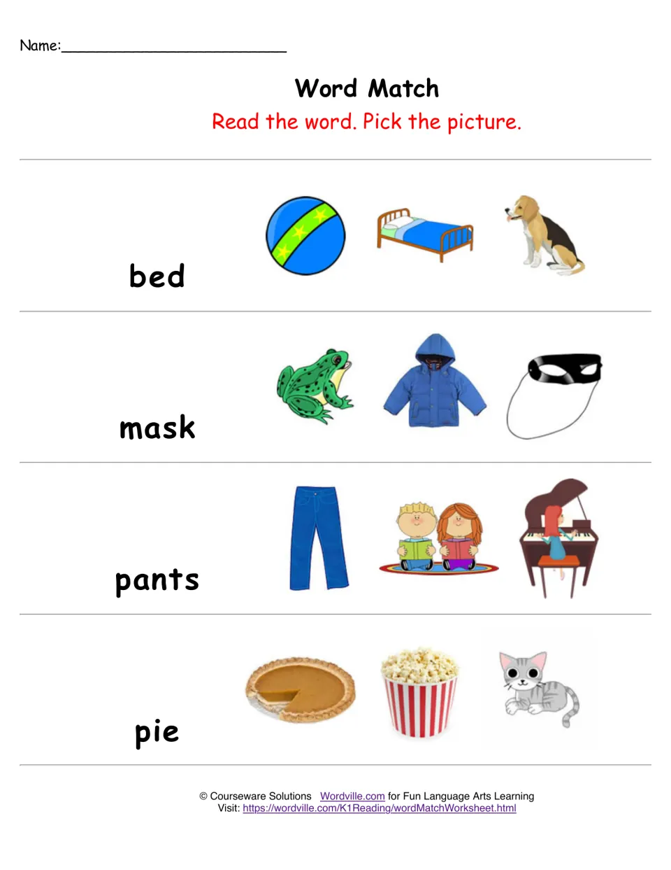Word Match: students read bed, mask, pants and pie and pick the matching picture from three choices for each word