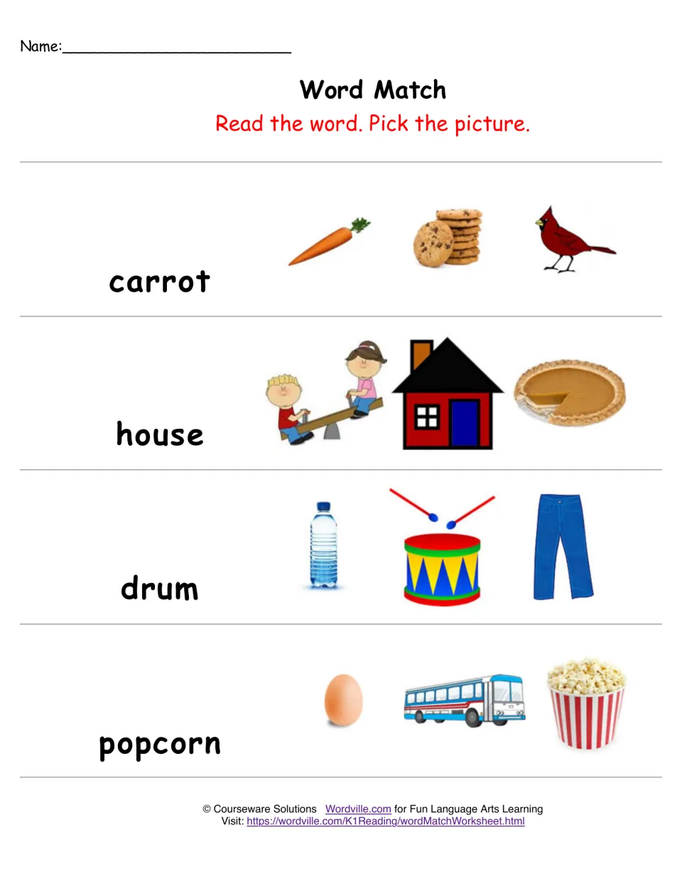 Word Match: students read carrot, house, drum and popcorn, then choose the picture that matches each word from three