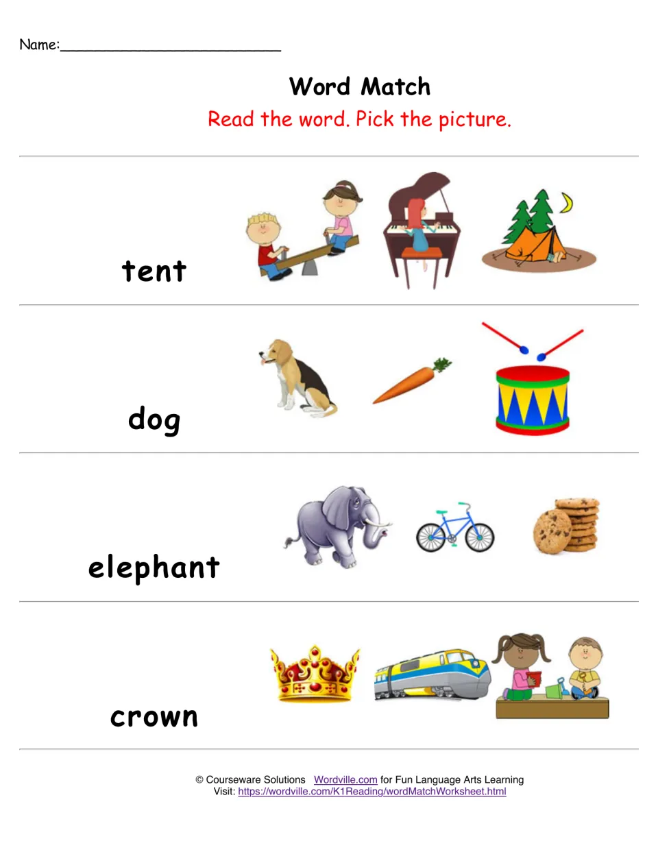 Word Match picture choice: students read tent, dog, elephant and crown and pick the one picture that shows each word
