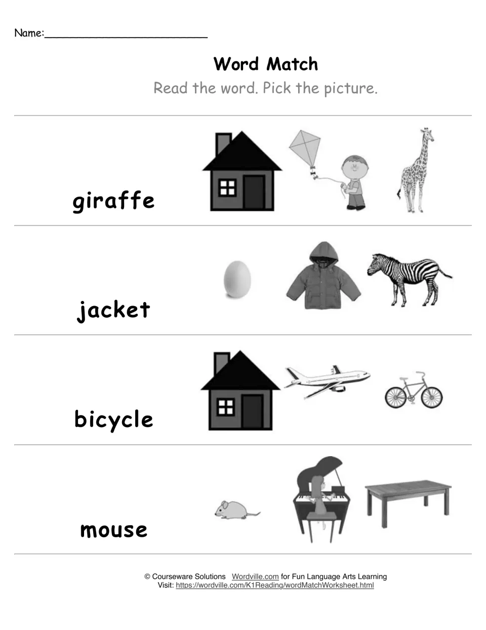 Word Match in black and white: students read giraffe, jacket, bicycle and mouse and pick the picture for each word