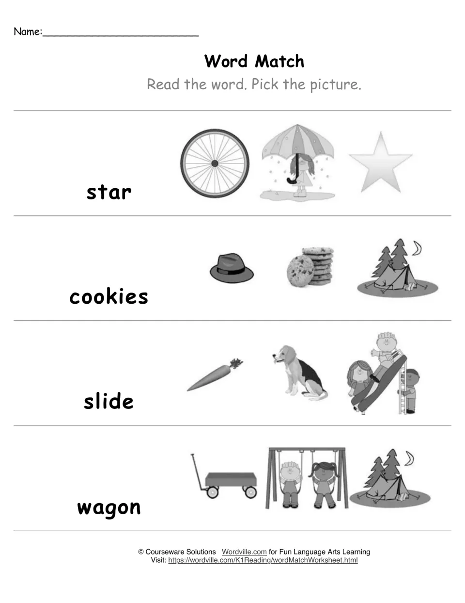 Word Match in black and white: students read star, cookies, slide and wagon and choose which of three pictures matches