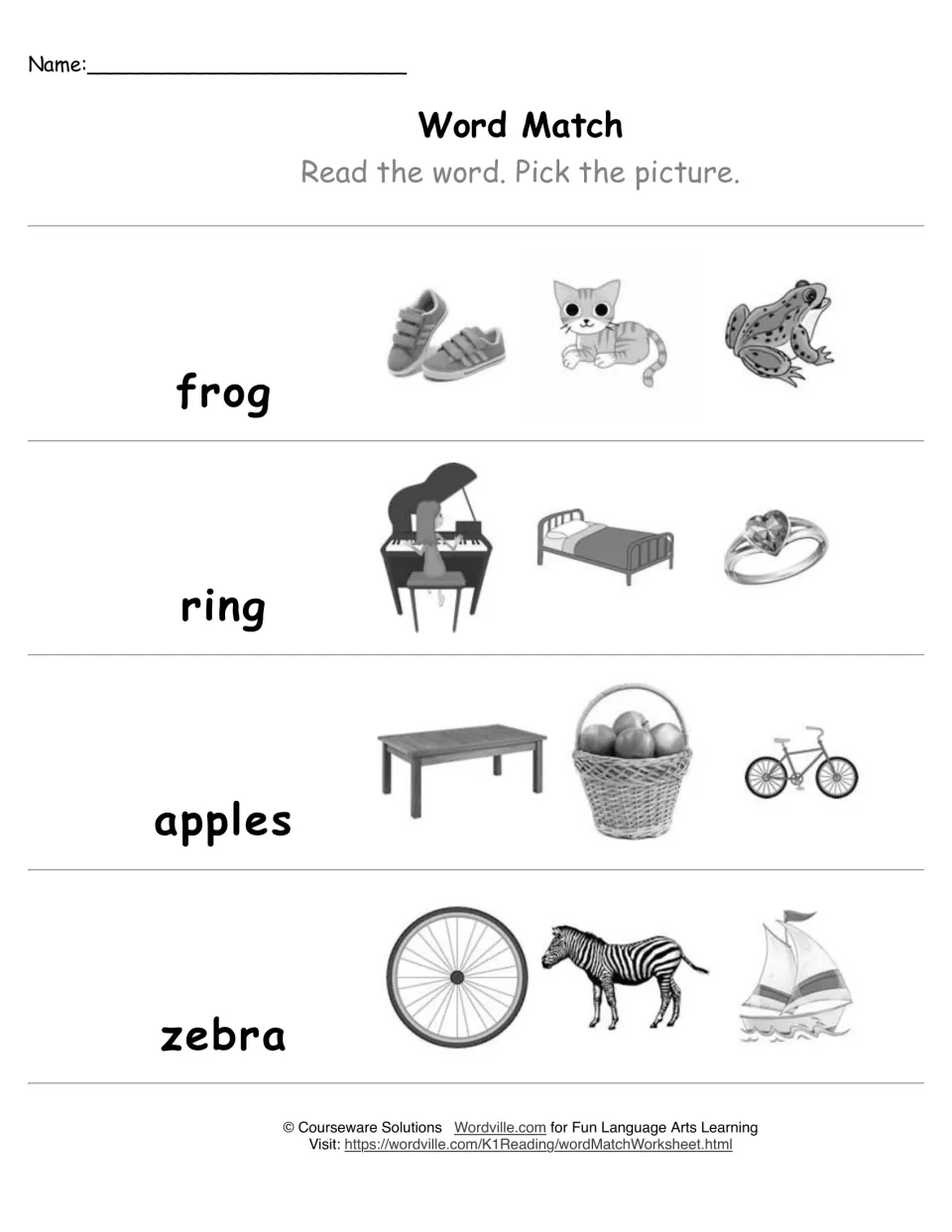 Word Match in black and white: students read frog, ring, apples and zebra and pick the picture that shows each word