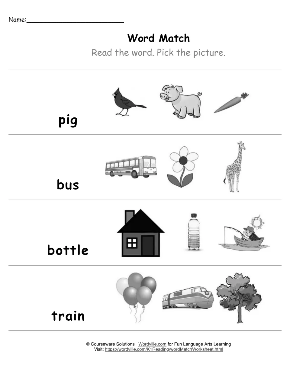 Word Match in black and white: students read pig, bus, bottle and train and select the correct picture out of three