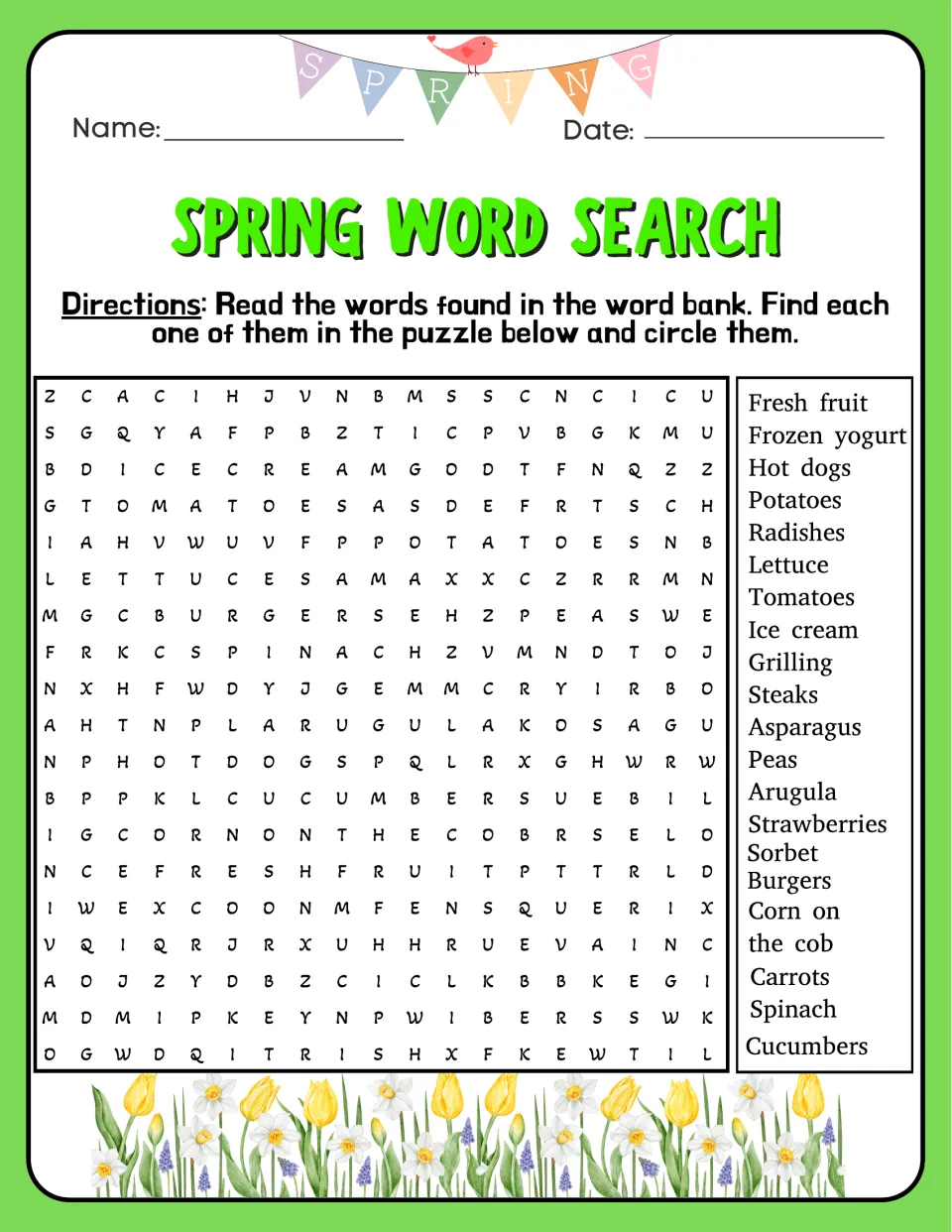 Spring word search 5: find 20 food-related entries, including fresh fruit, frozen yogurt, and spinach.
