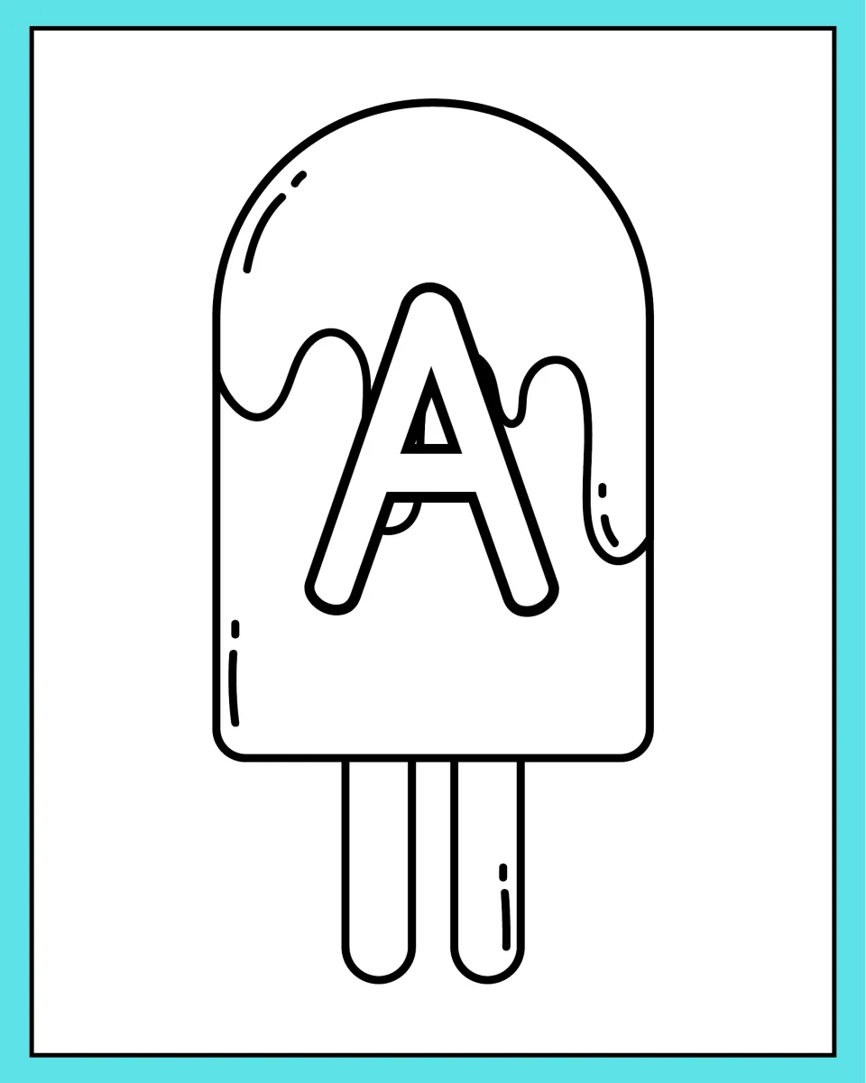 Alphabet coloring page 1: uppercase A on a two-stick ice pop, part of the summer-themed alphabet set.