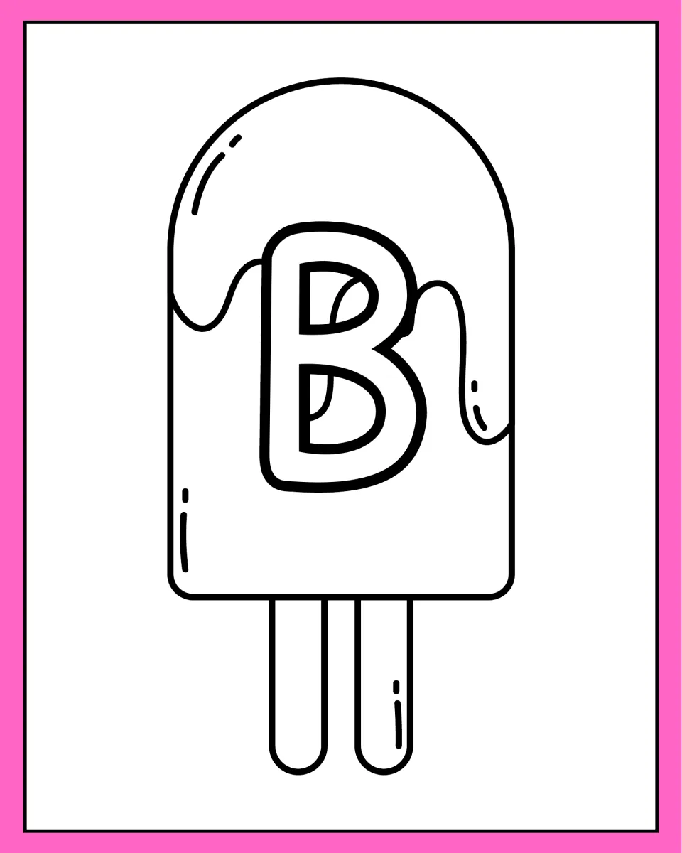 Alphabet coloring page 2: uppercase B on a two-stick ice pop, part of the summer-themed alphabet set.