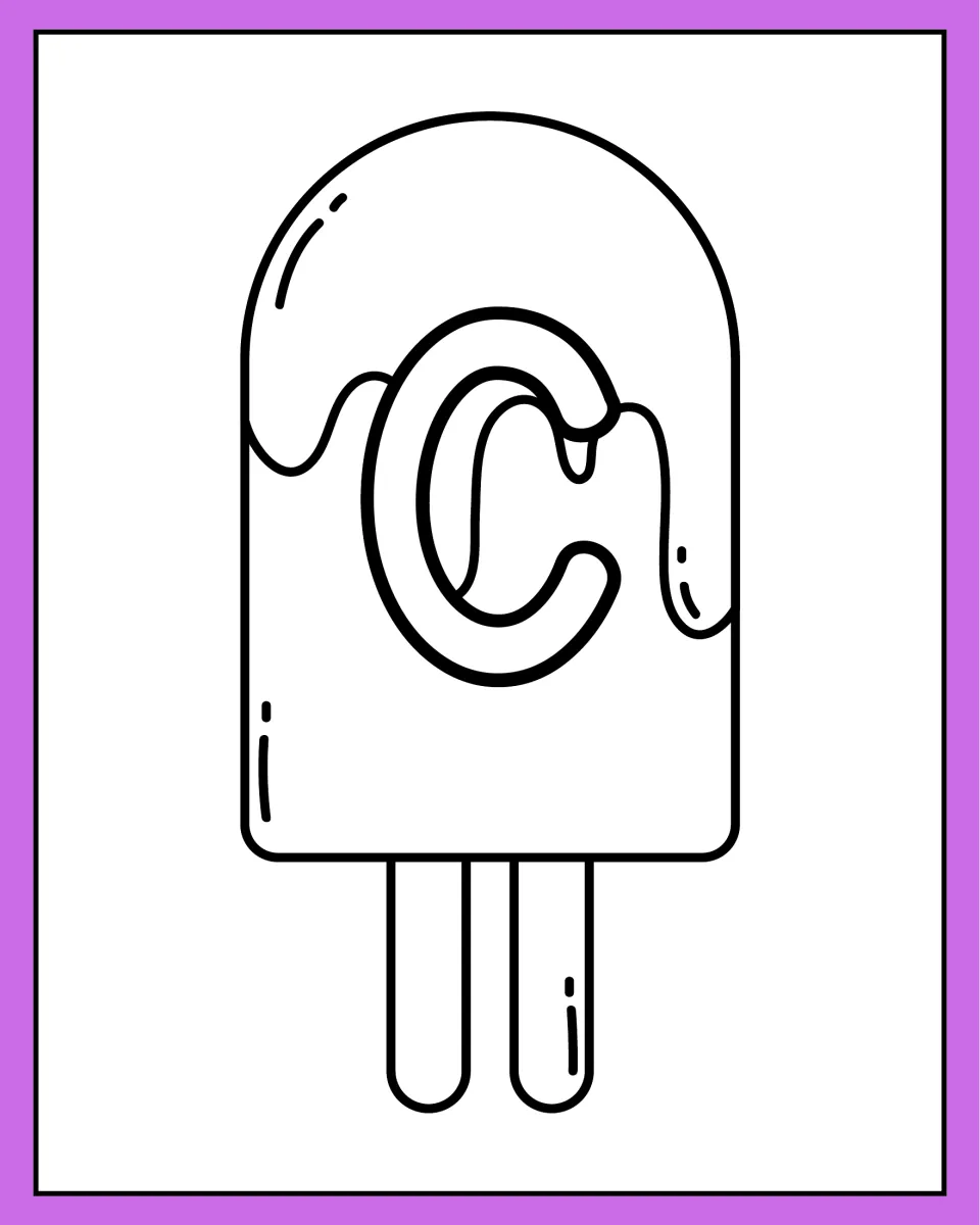 Alphabet coloring page 3: uppercase C on a two-stick ice pop, part of the summer-themed alphabet set.